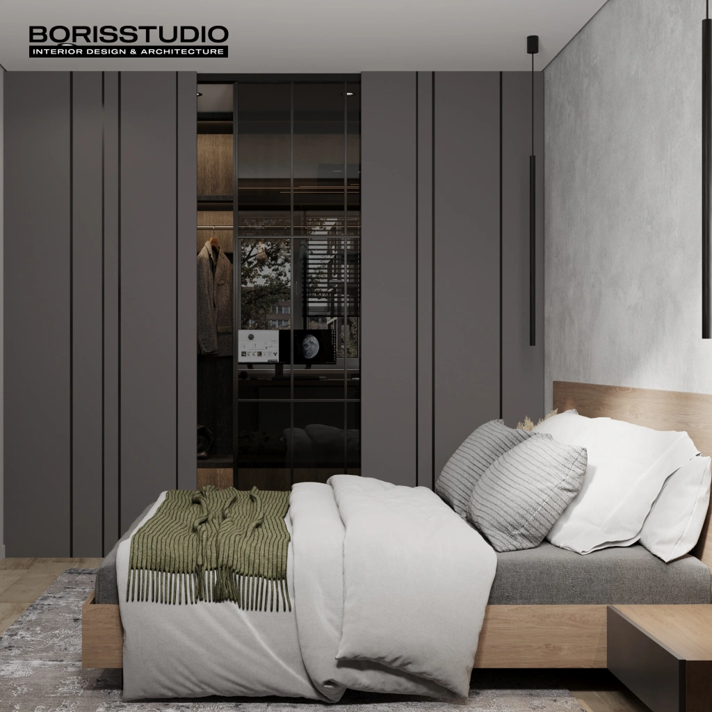 Сіра спальня стильні меблі