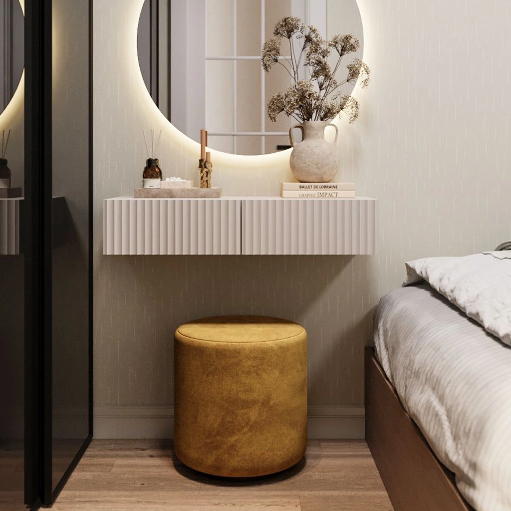 Сіра спальня та жовті меблі