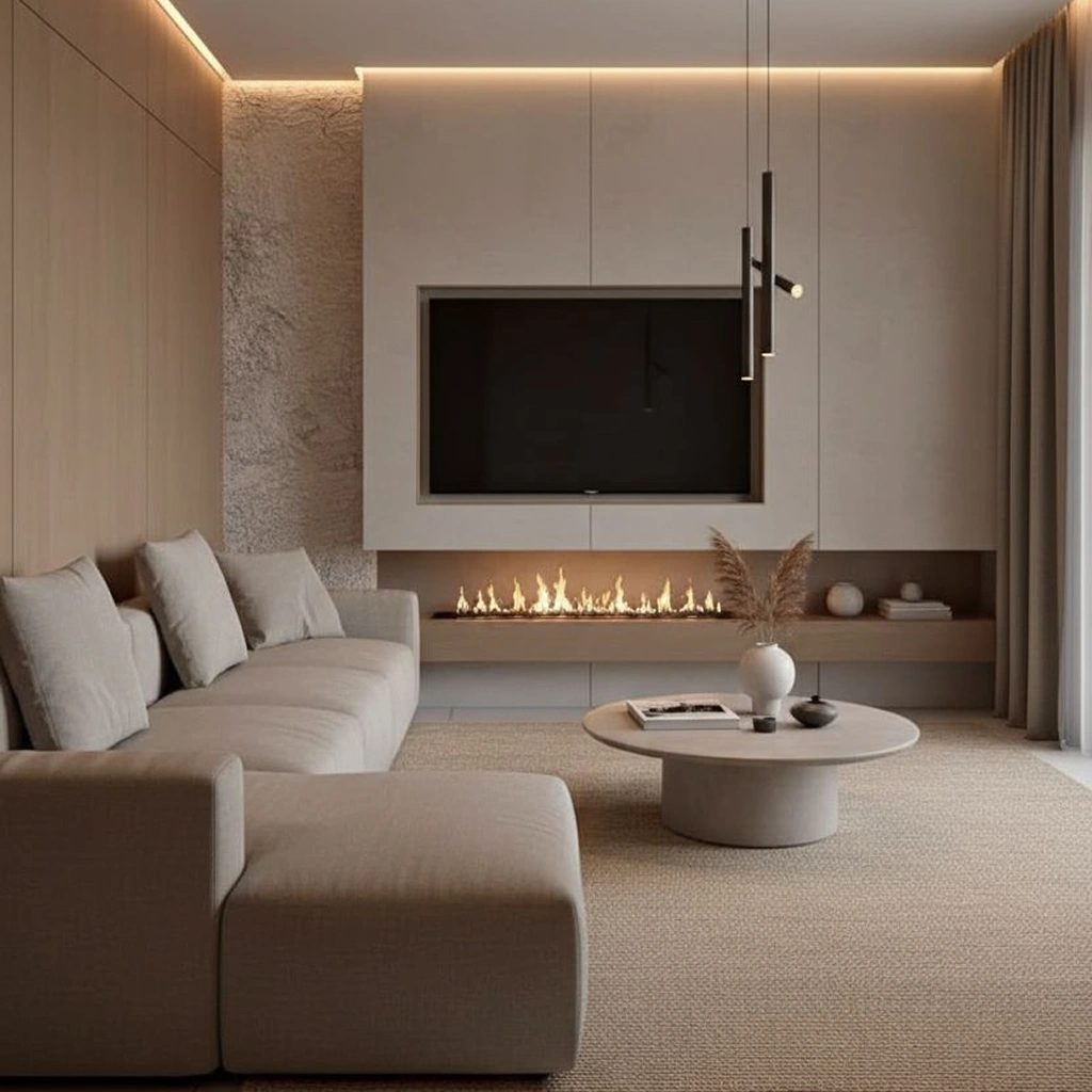 Современный интерьер гостиной с камином