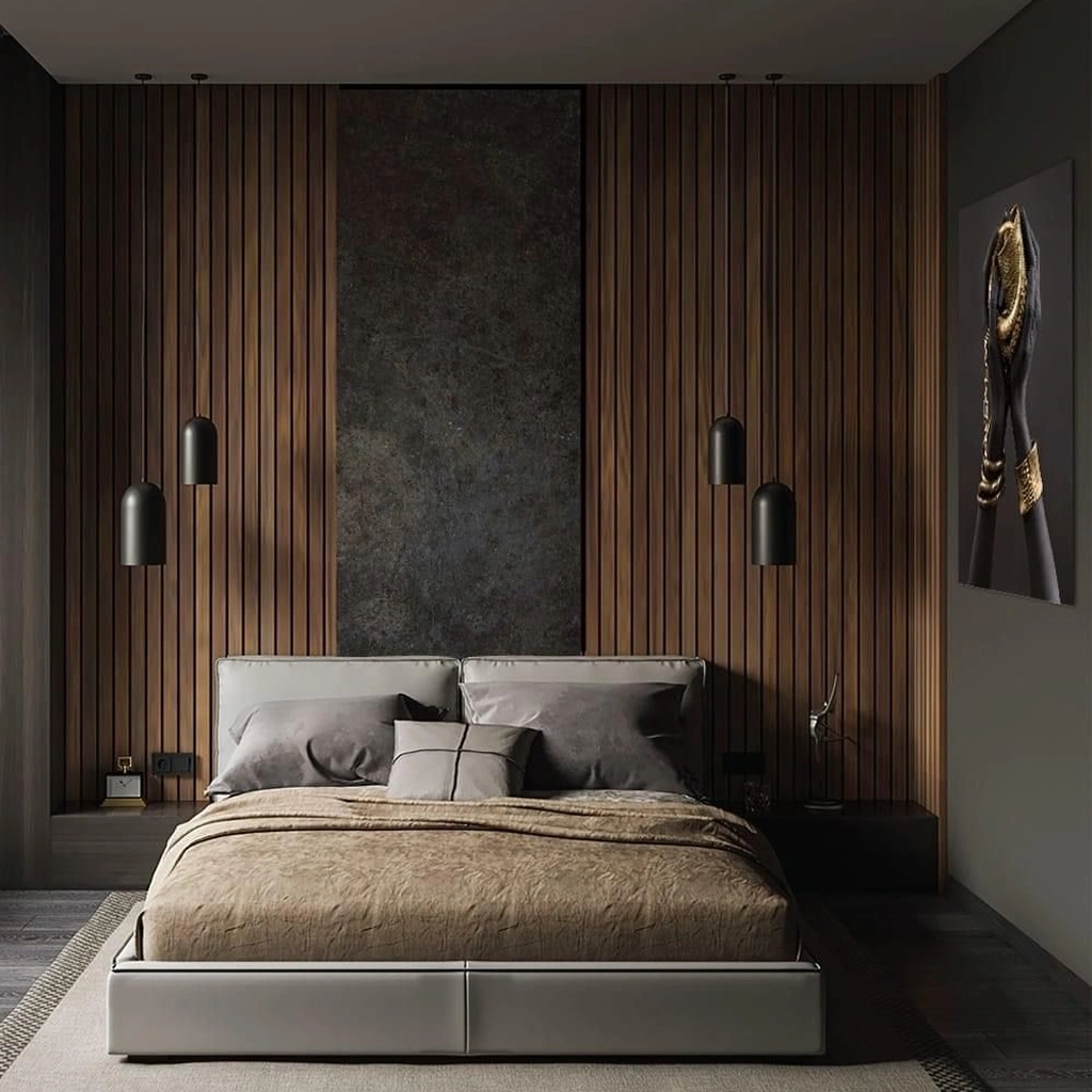 Спальня лофт с деревянной стеной