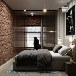 Спальня лофт с дизайнерским освещением