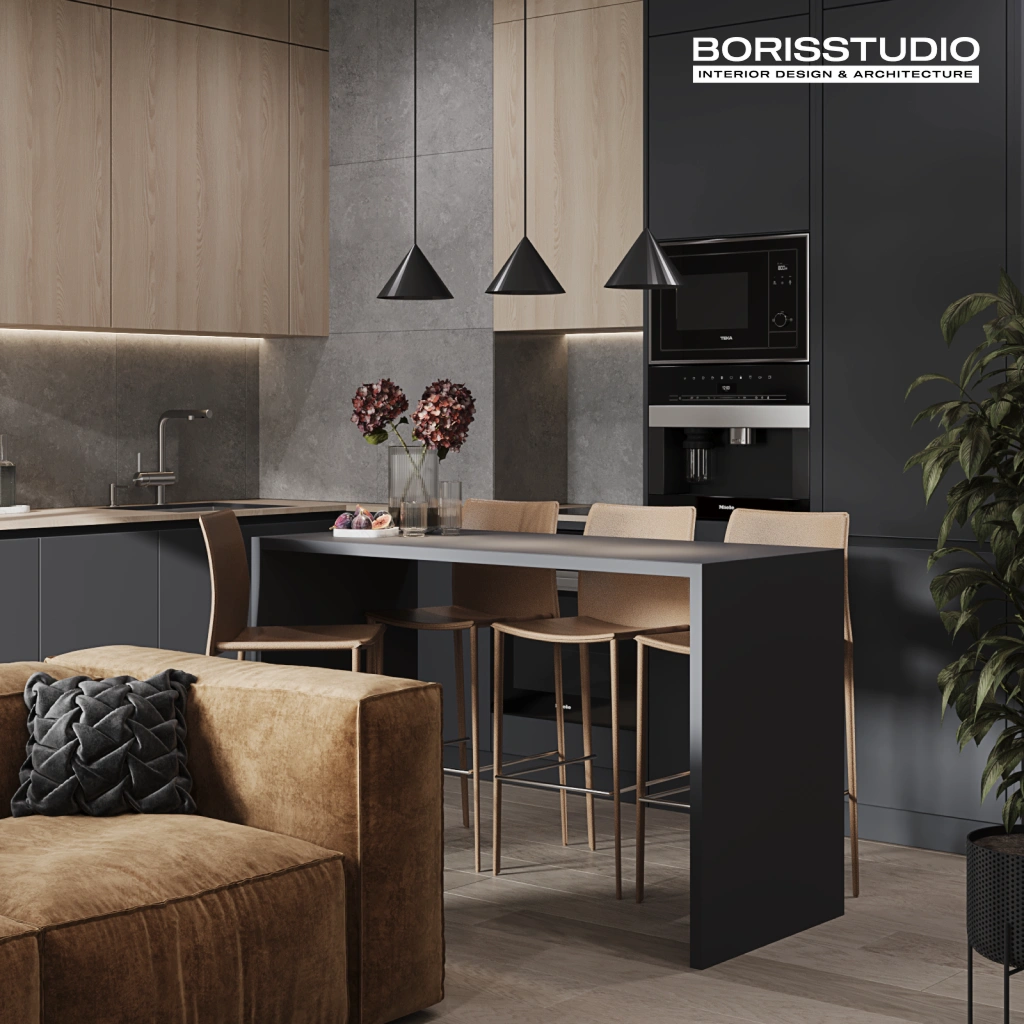 Стильный интерьер серой кухни