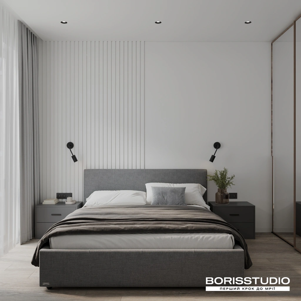 Сучасні спальні в сірому кольорі з білим