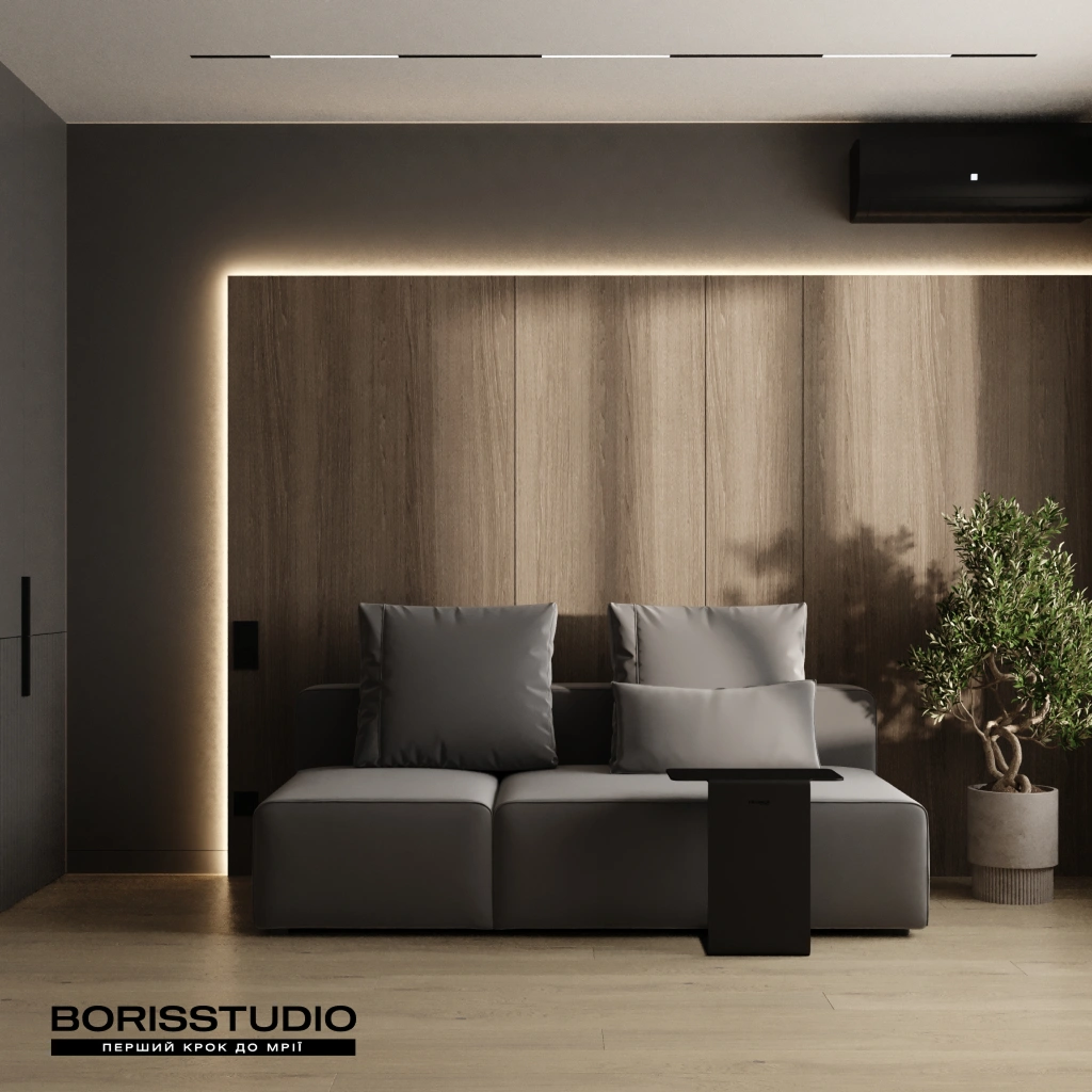 Вітальня у темному мінімалізмі