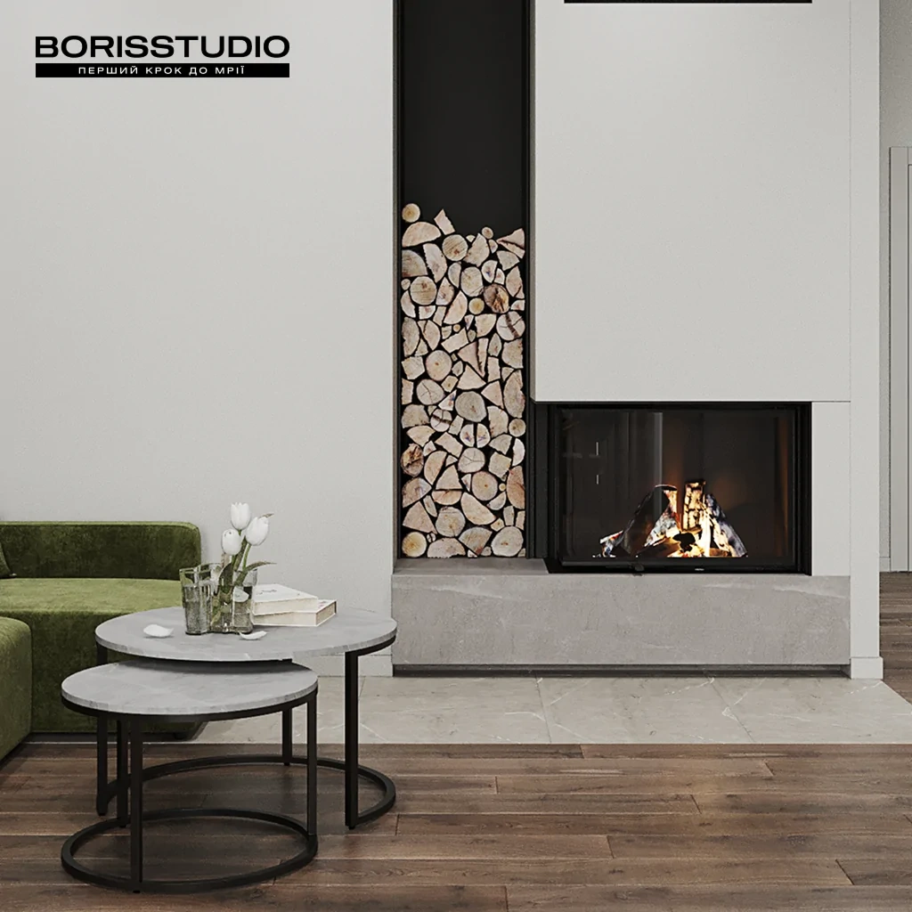 Вітальня з каміном у будинку