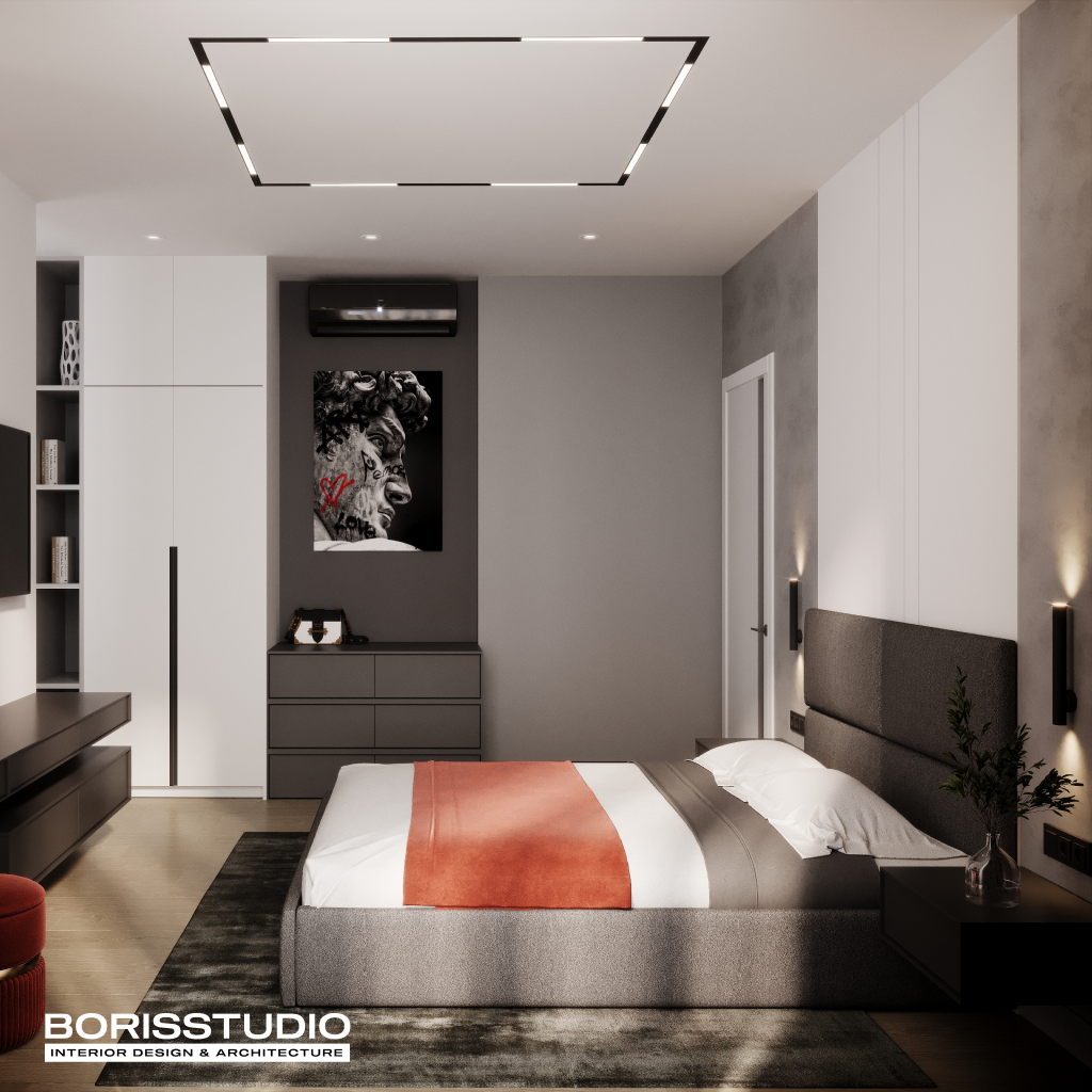 Дизайн спальні у сірому кольорі від BORISSTUDIO