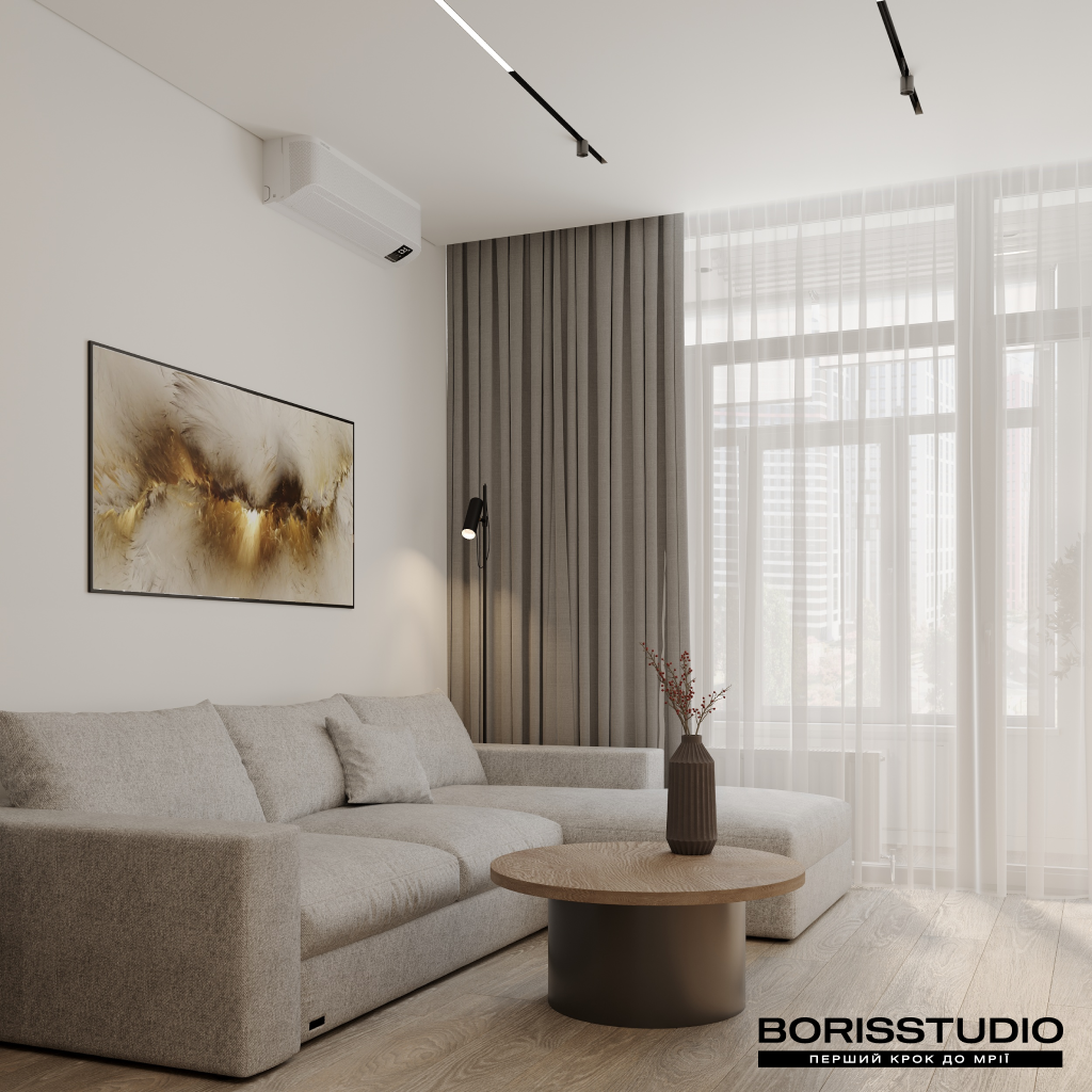 Дизайн інтер'єру вітальні у світлих тонах від BORISSTUDIO