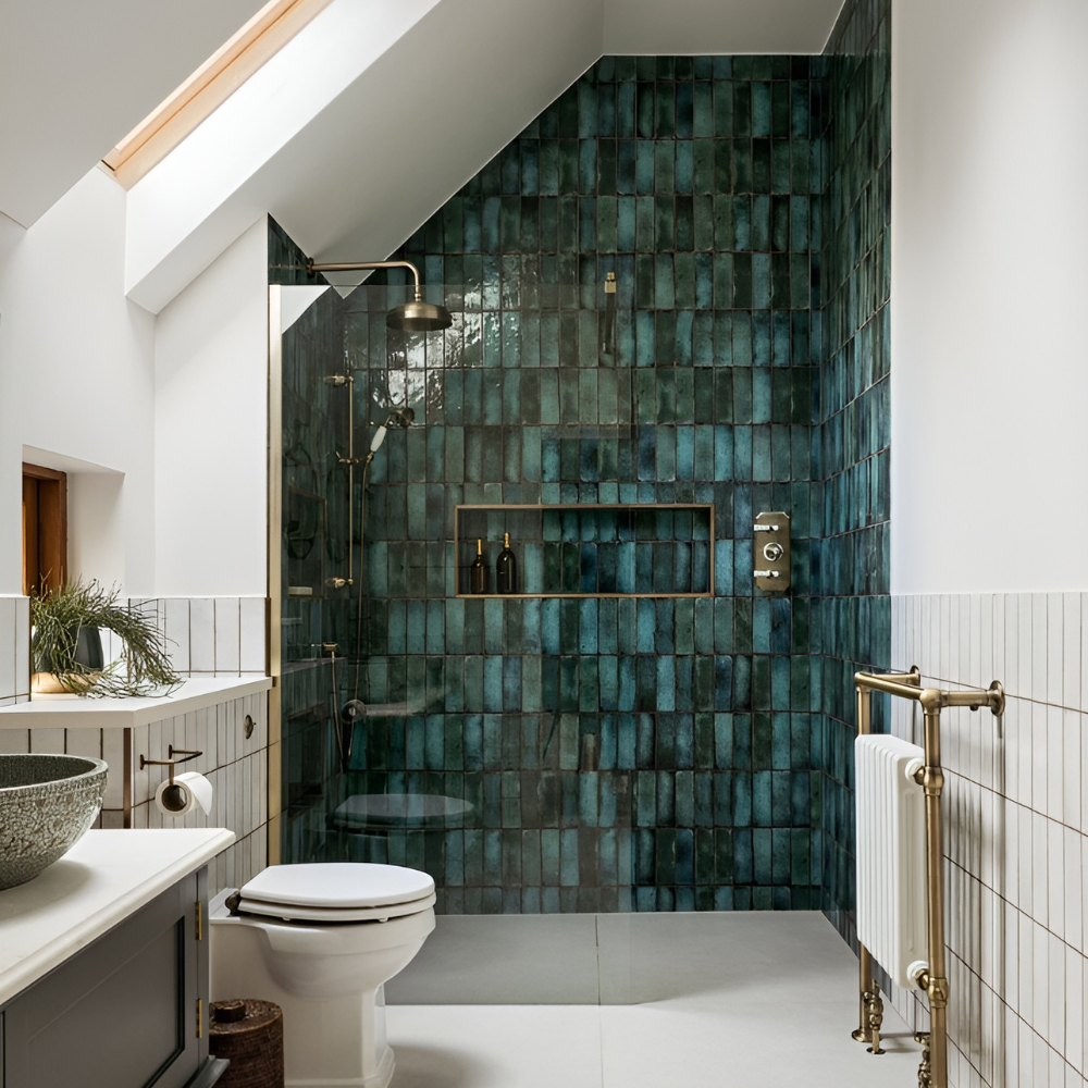 Керамическая плитка в дизайне ванной с душевой кабиной