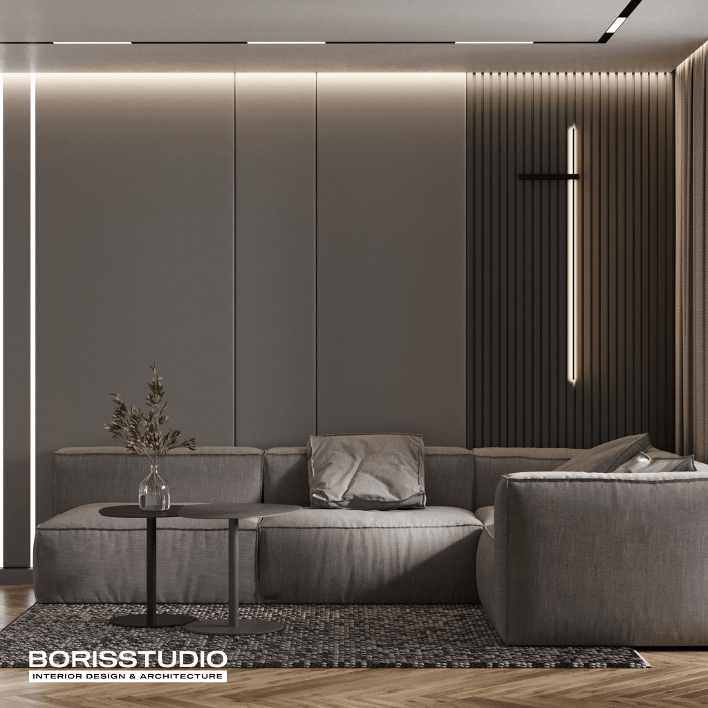 Дизайн інтер'єру вітальні в будинку у стилі мінімалізм