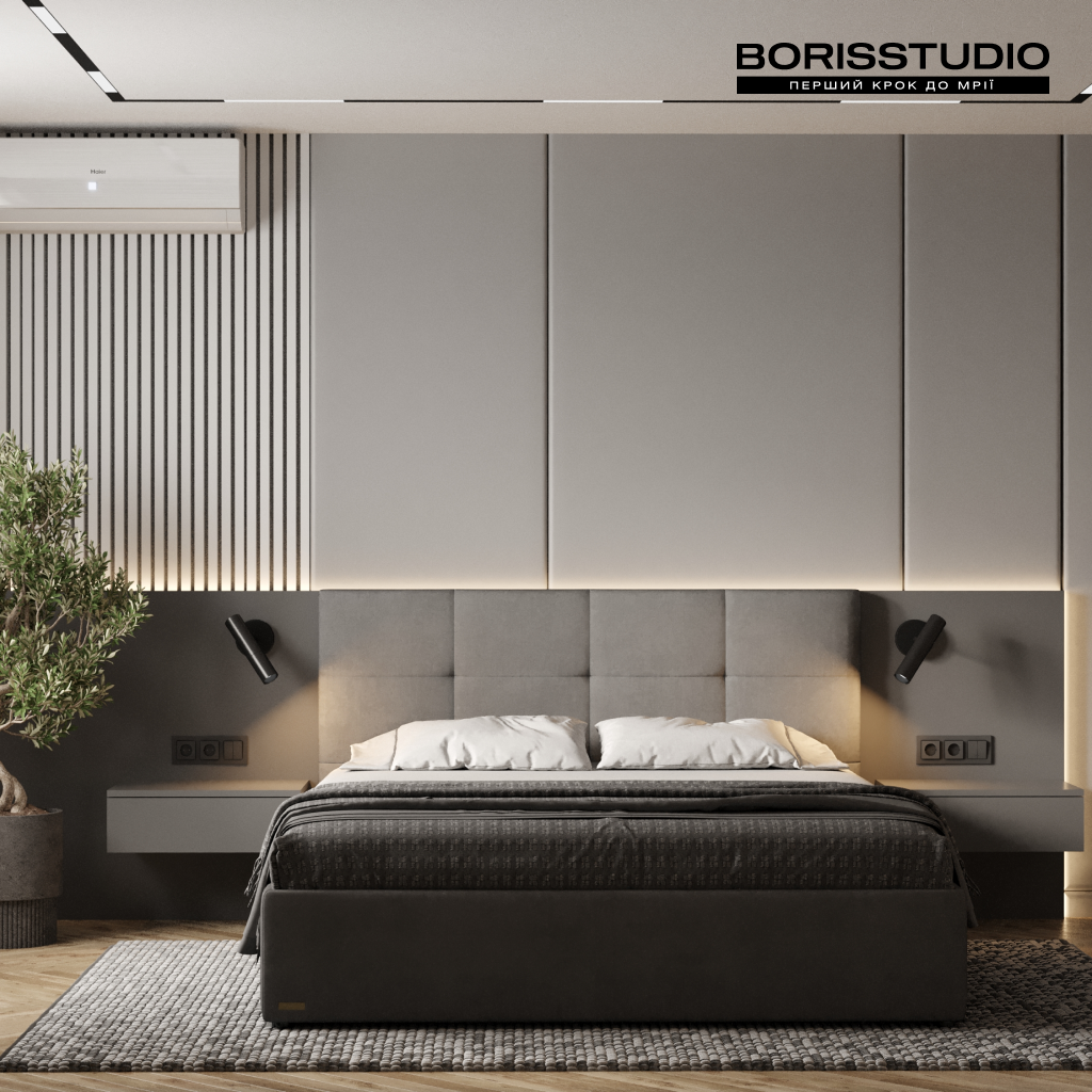 Угольно-серый цвет в дизайне интерьера спальни