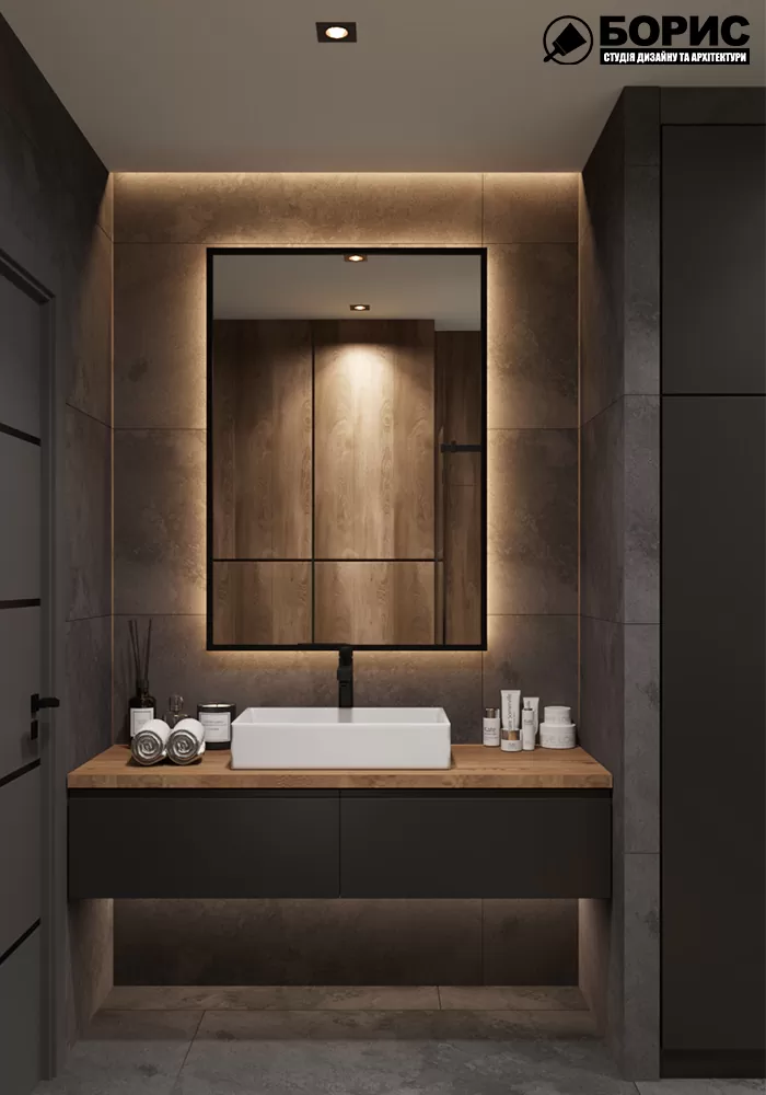 Дизайн-проект интерьера квартиры ЖК «Сказка», санузелвид на зеркало