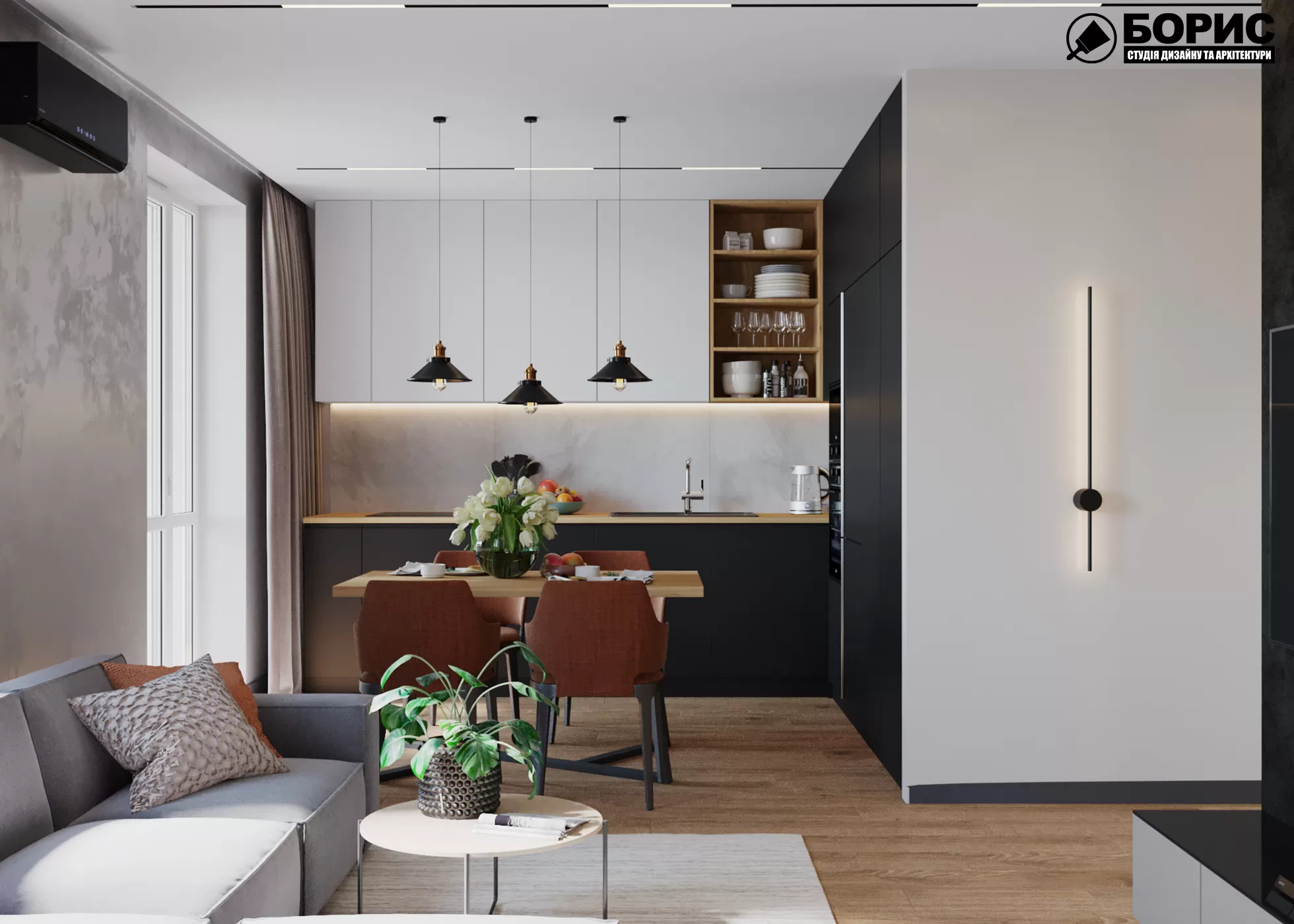 Дизайн-проеку інтер'єру квартири ЖК «Казка», кухня-вітальня вид в цілому