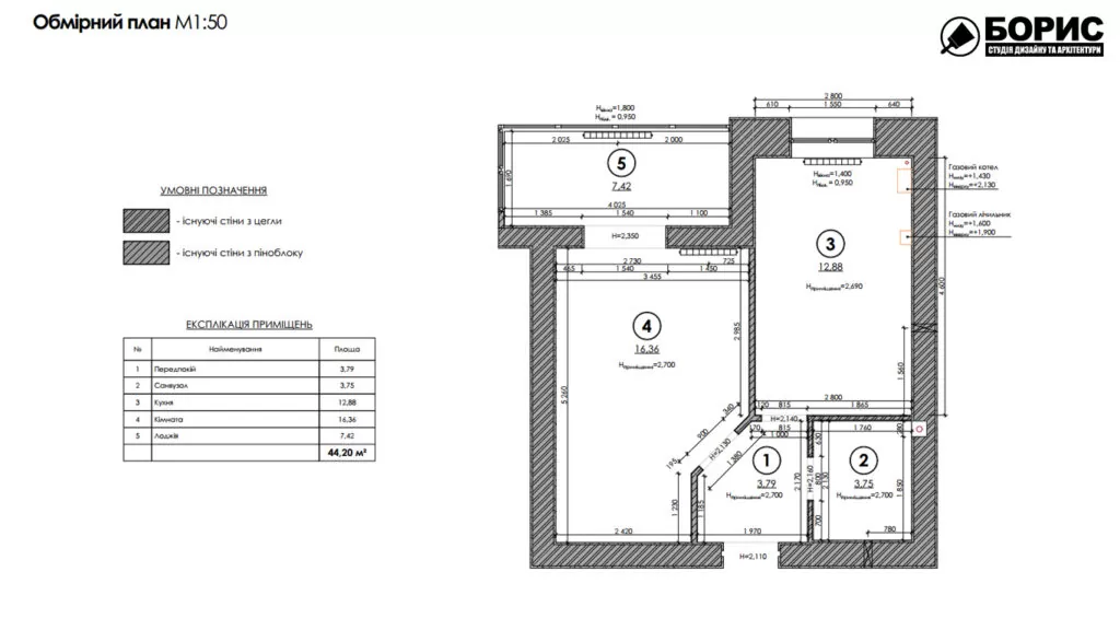 Дизайн интерьера однокомнатной квартиры ЖК «River Town», обмерный план