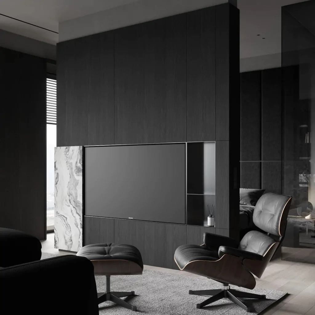 Інтер'єр хай-тек вітальні у дизайні котеджу