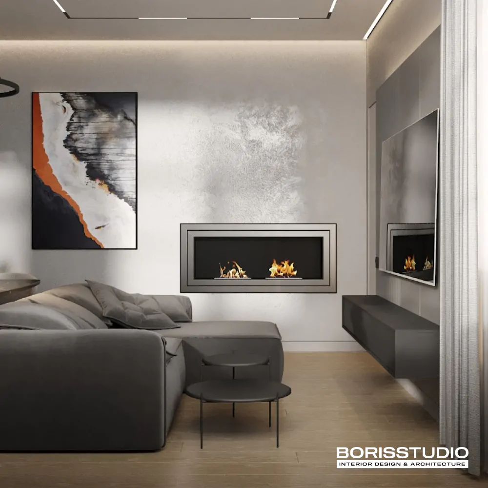 Стильний дизайн інтер'єру з каміном для котеджу в Буковелі