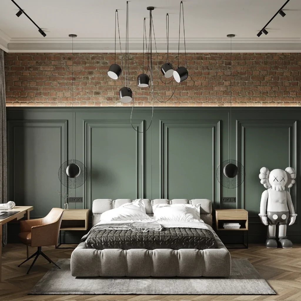 Інтер'єр спальні з цегляною стіною