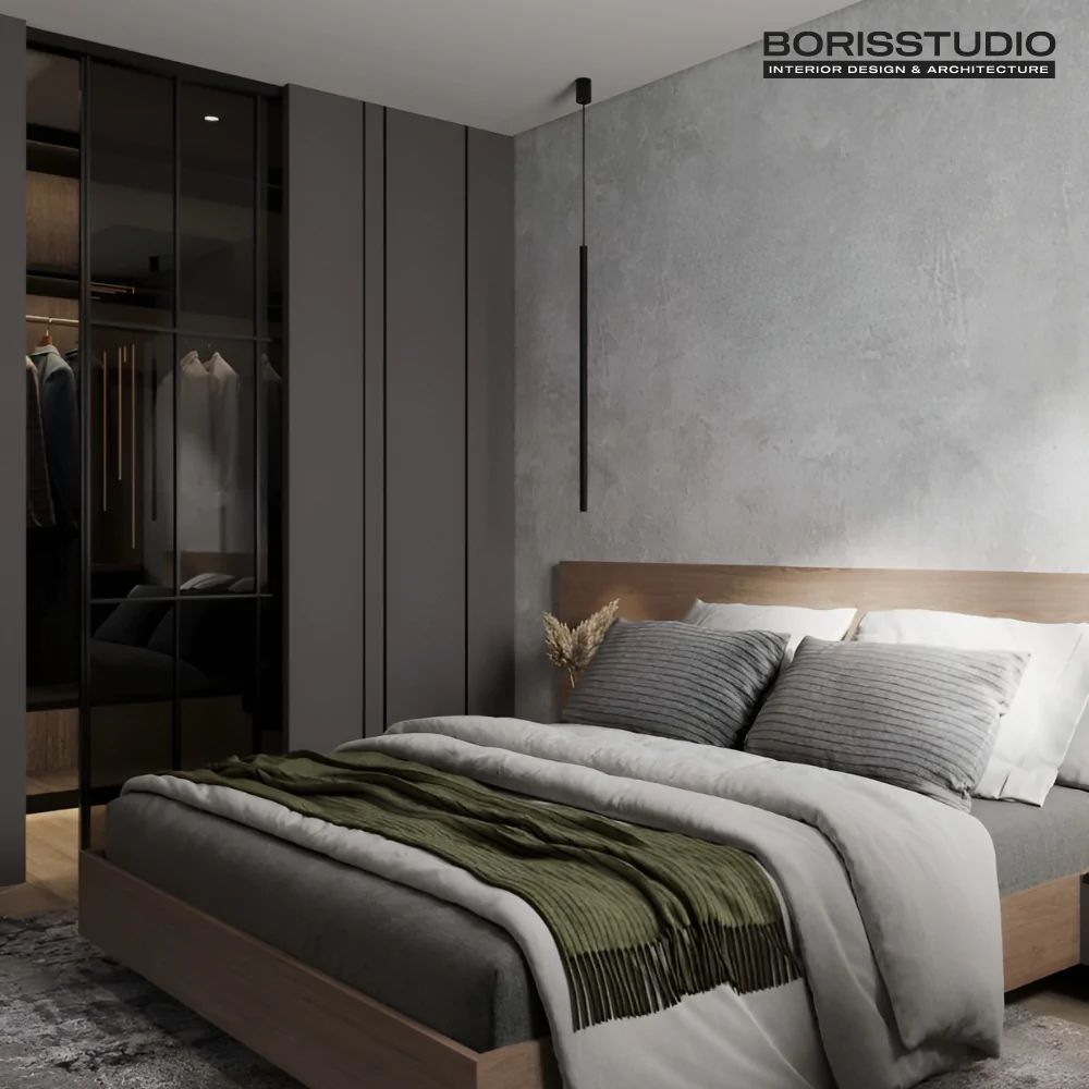 Оздоблення стін спальні у будинку декоративною штукатуркою