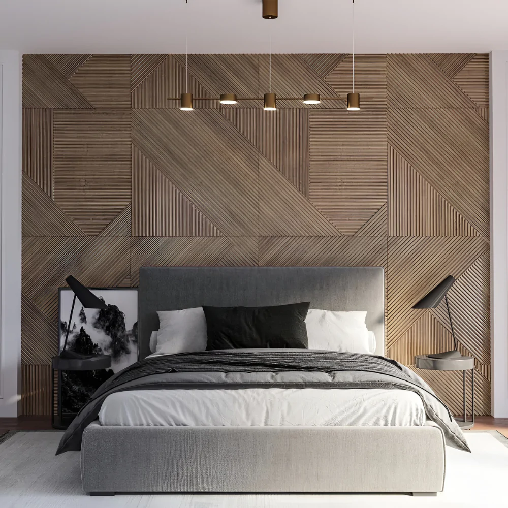 Стінові дерев'яні панелі в оформленні спальні приватного будинку