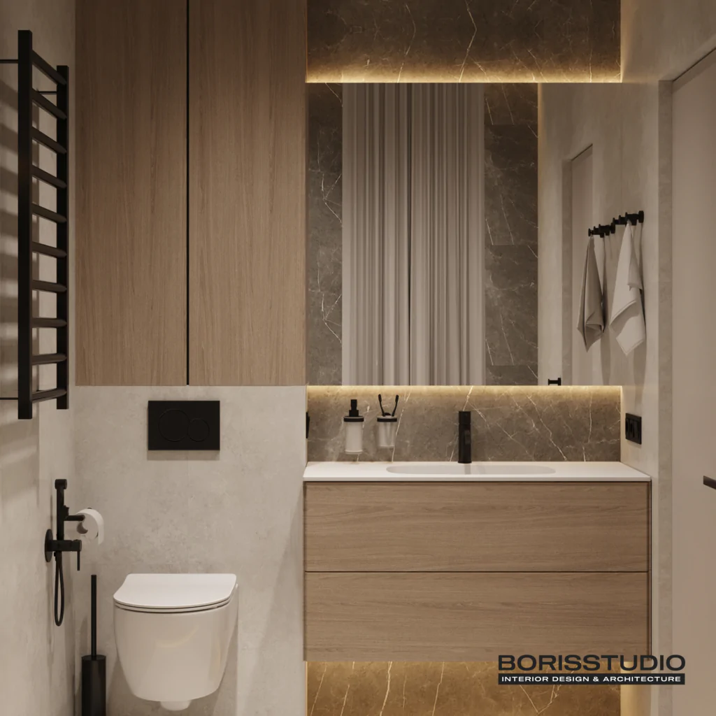 Дизайн інтер'єру ванної заміського будинку в сучасному стилі