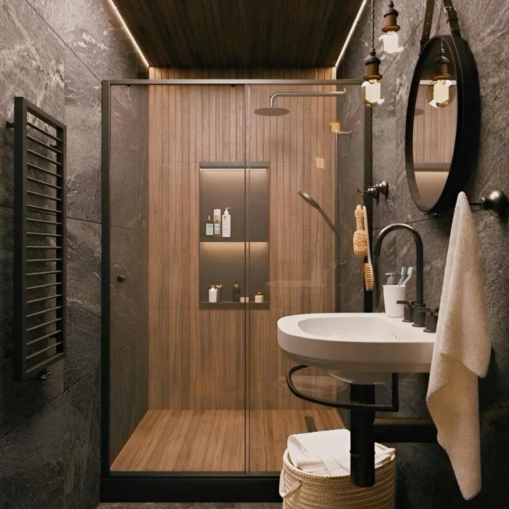 Дизайн інтер'єру ванної з душовою кабіною в стилі лофт