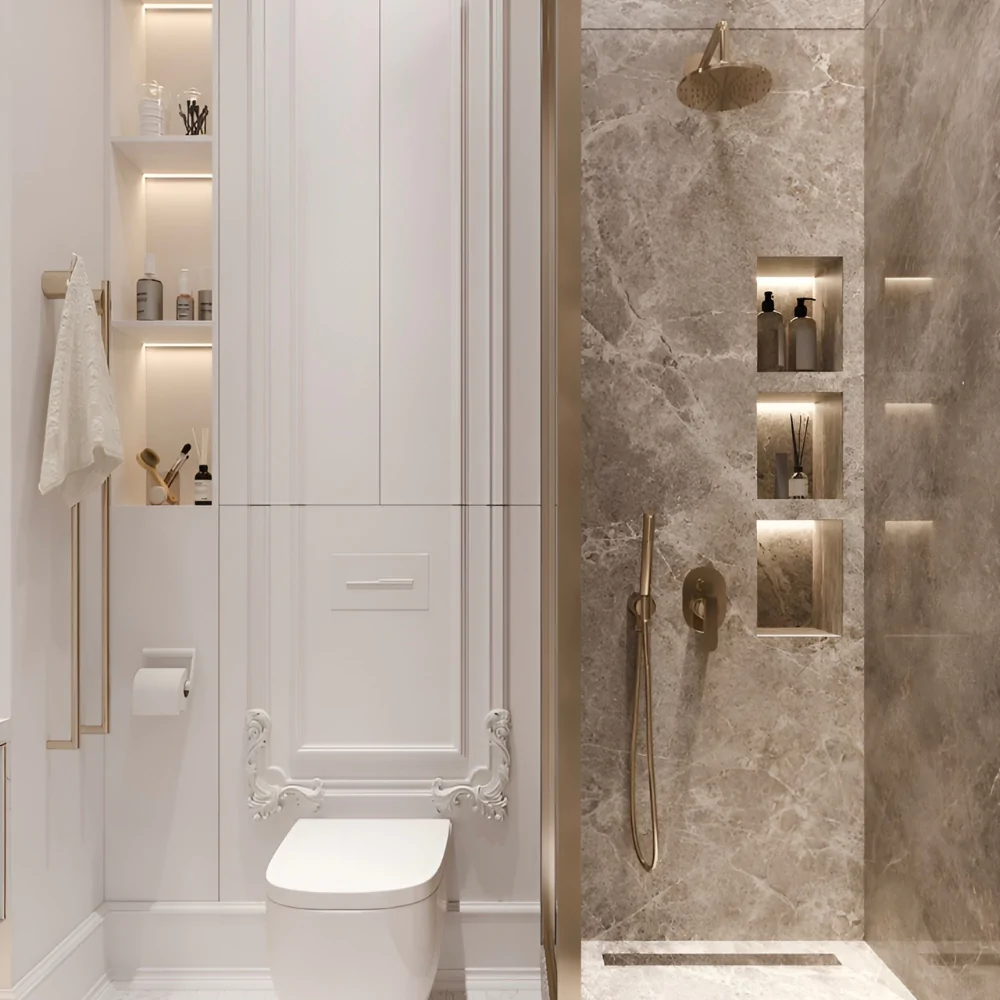 Класичний стиль в інтер'єрі ванної кімнати з душовою кабіною