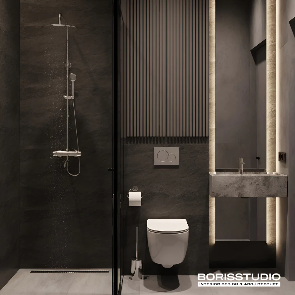 Сучасний стиль в інтер'єрі ванної кімнати з душовою кабіною