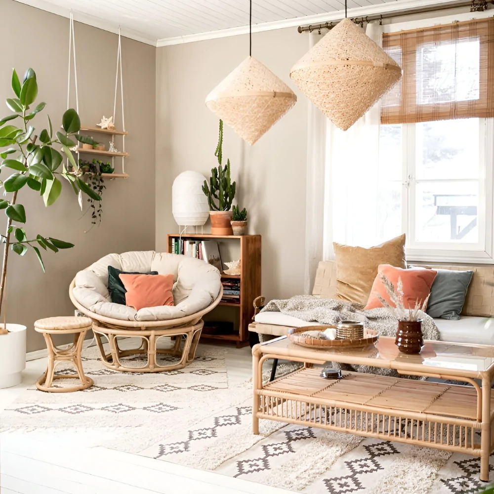 Дизайн вітальні дерев'яного будинку в екостилі