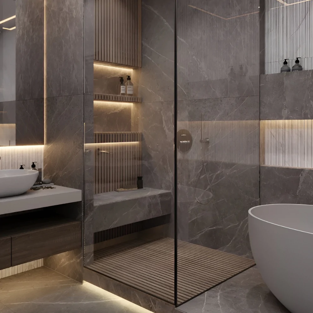 Оздоблення штучним каменем ванної з душовою кабіною