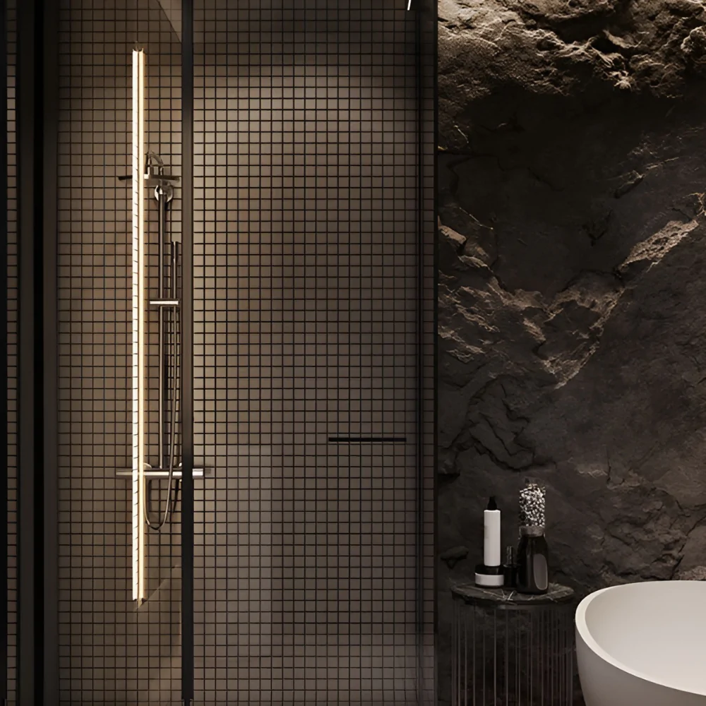 Оформлення ванної з душовою кабіною штучним каменем