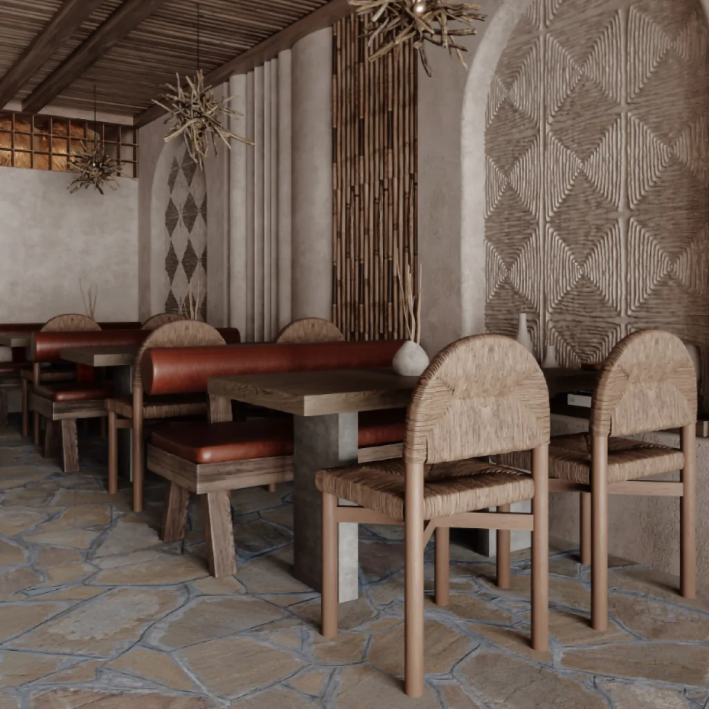 Меблі в інтер'єрі кафе в екостилі