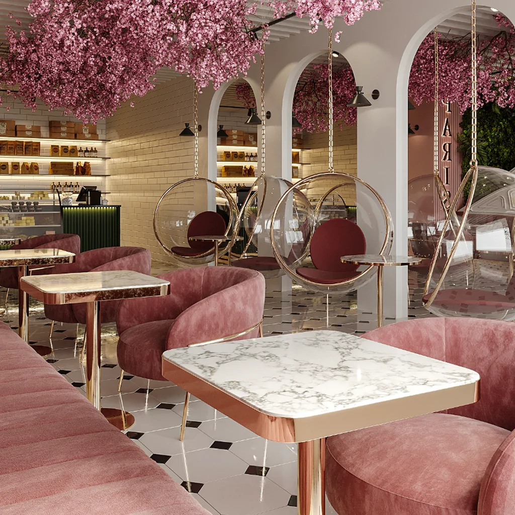 Рожевий колір у дизайні кафе