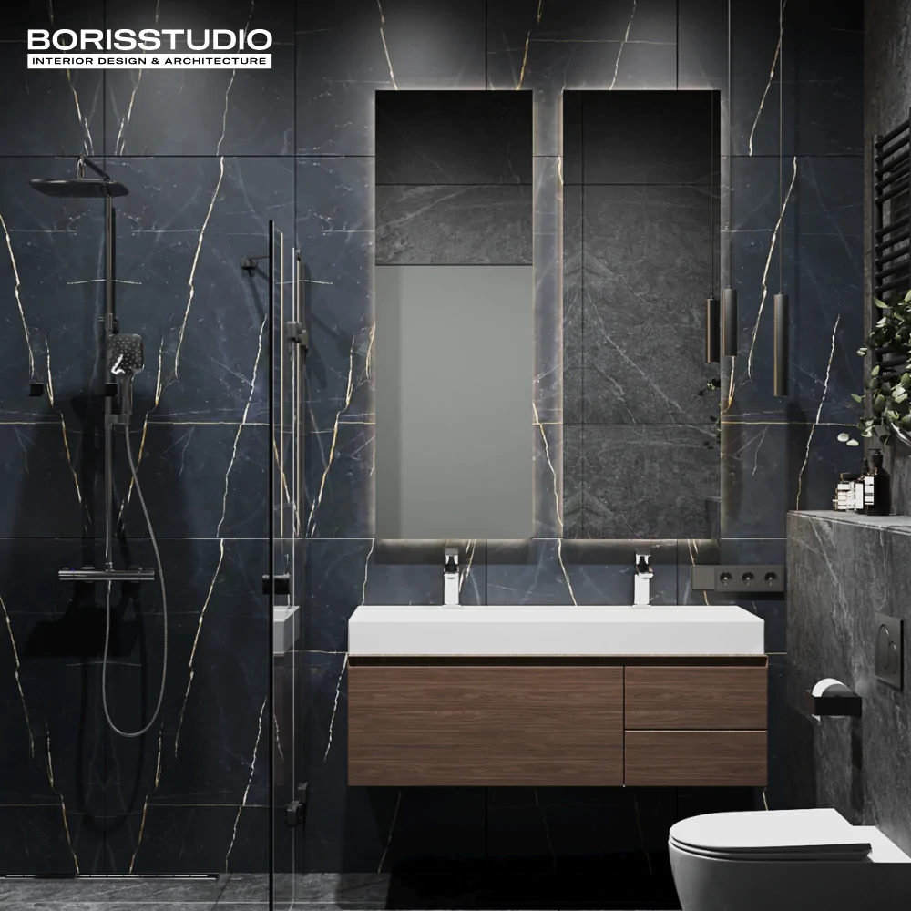 Оздоблення керамогранітом душової в інтер'єрі ванної кімнати