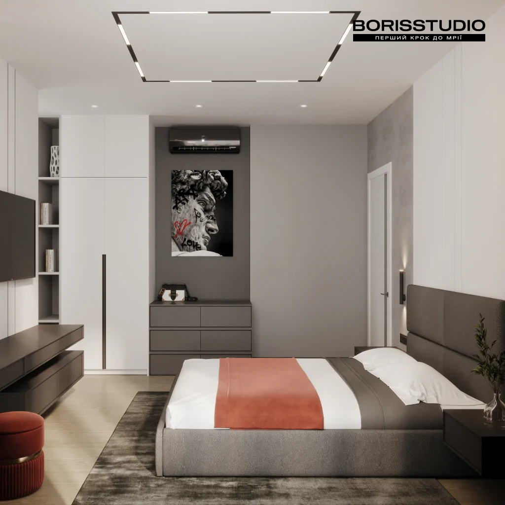 Красный и серый цвета в дизайне интерьера спальни