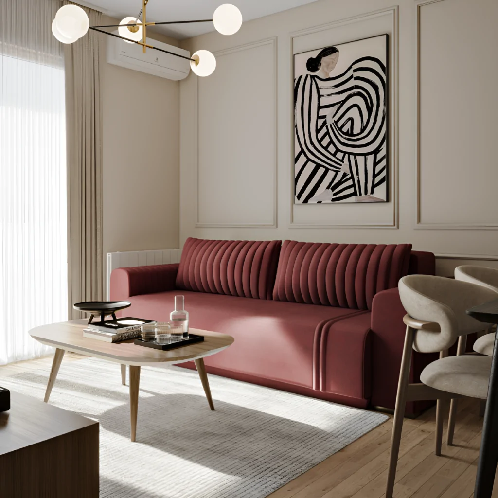 Дизайн интерьера гостиной с красной мебелью