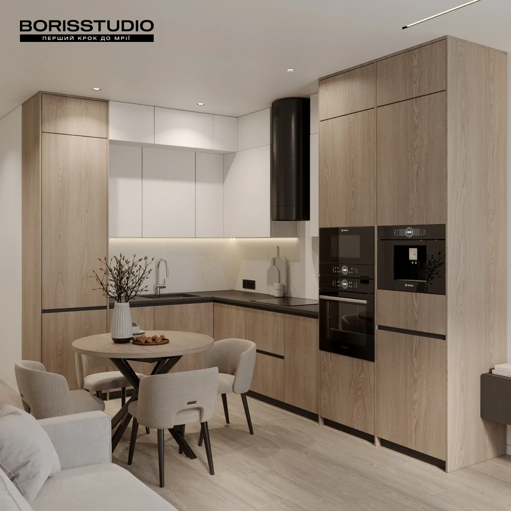 Дизайн інтер'єру кутової кухні в стилі мінімалізм