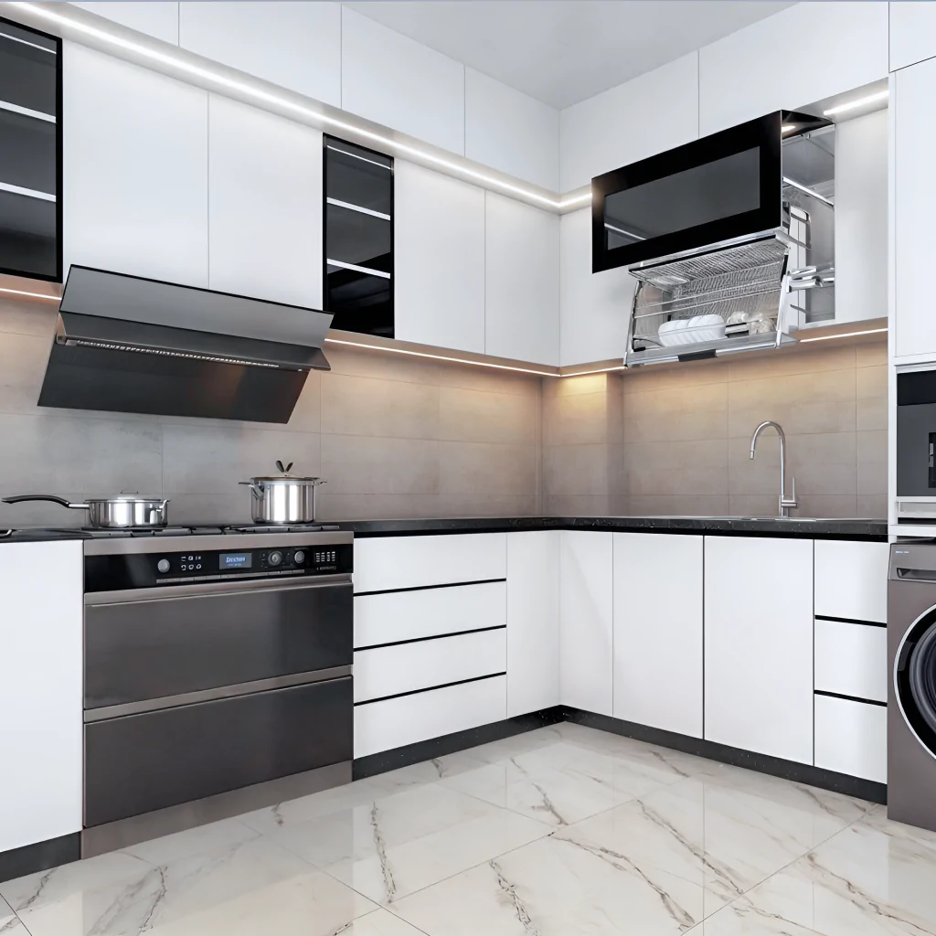 Дизайн інтер'єру кутової кухні у стилі хай-тек