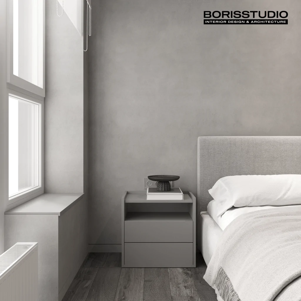 Спальня у приватному будинку в мінімалістичному дизайні інтер'єру