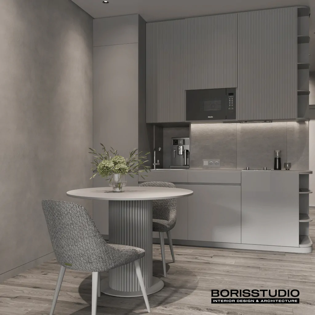 Кухня у приватному будинку в мінімалістичному дизайні інтер'єру