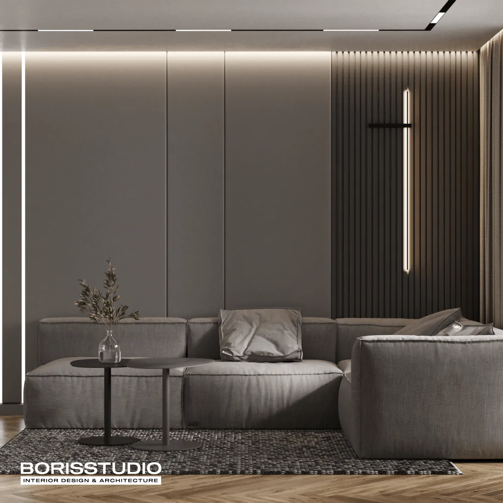 Дизайн інтер'єру вітальні в будинку у стилі мінімалізм