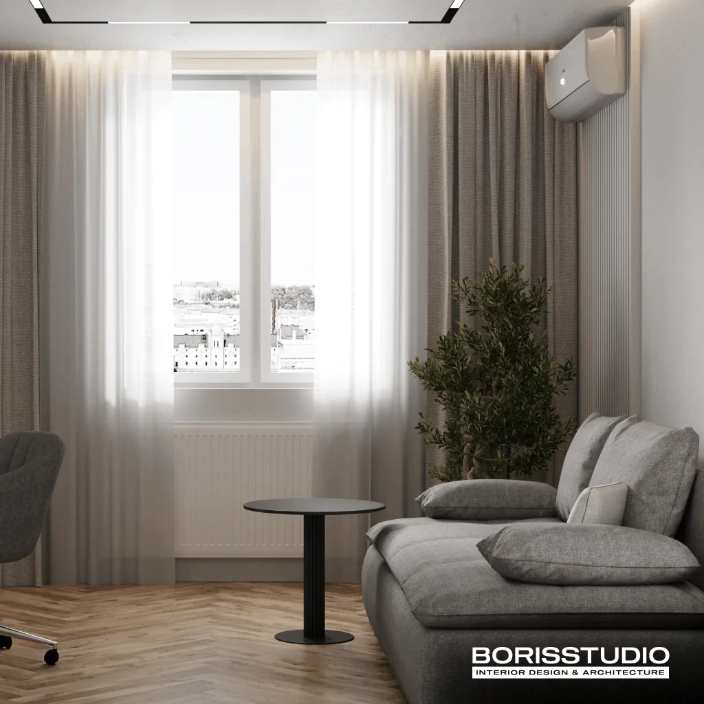 Дизайн-проєкт інтер'єру вітальні приватного будинку в мінімалізмі