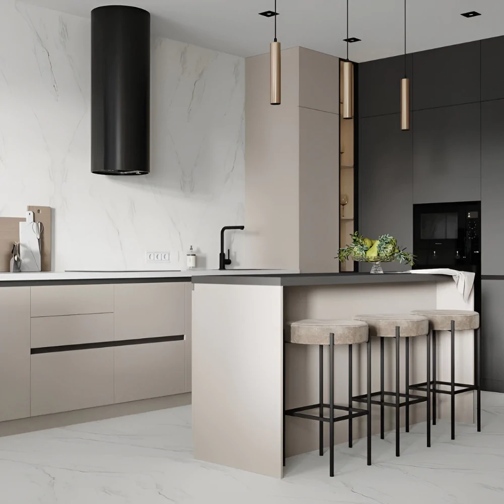 Дизайн кухні без верхнього ярусу в стилі мінімалізм