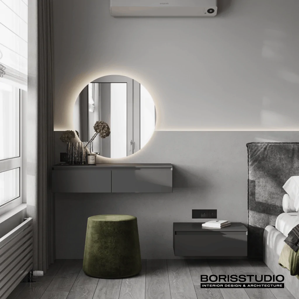 Дизайн интерьера серой спальни в стиле минимализм