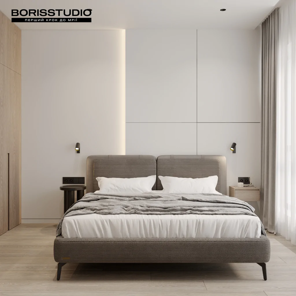 Дизайн-проект спальни в минимализме с белыми стенами