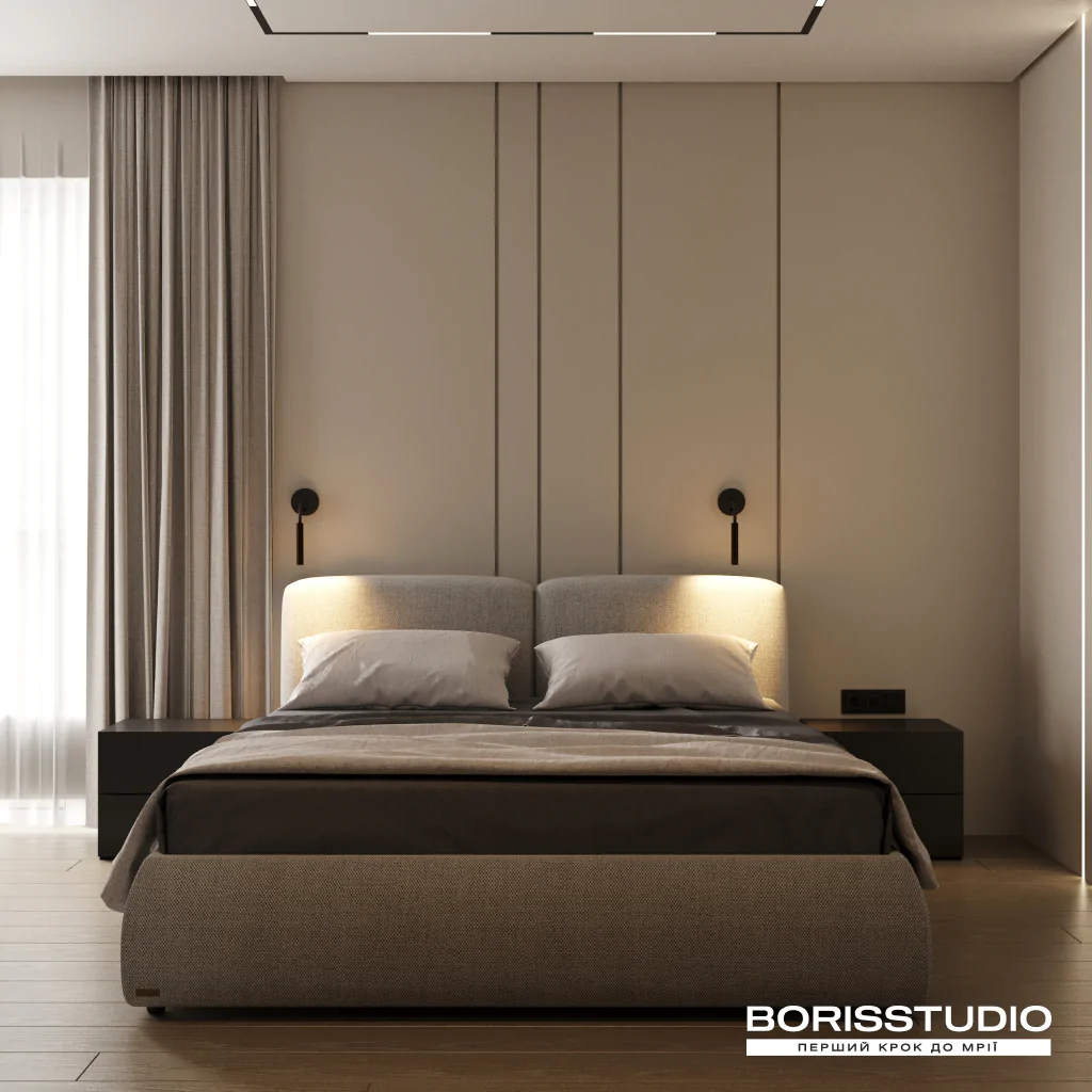 Дизайн интерьера бежевой спальни в стиле минимализм