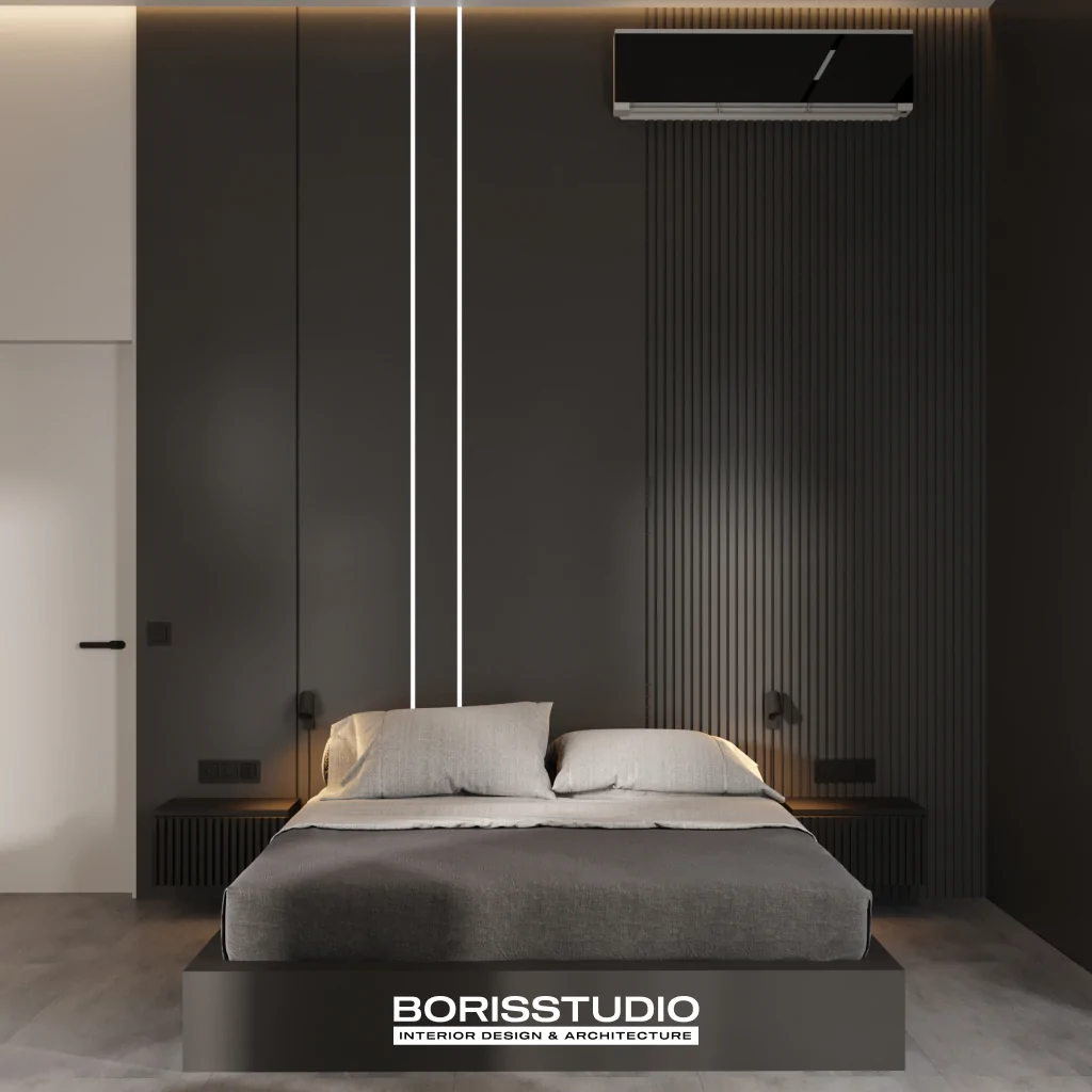 Дизайн интерьера спальни в стиле минимализм с черными акцентами