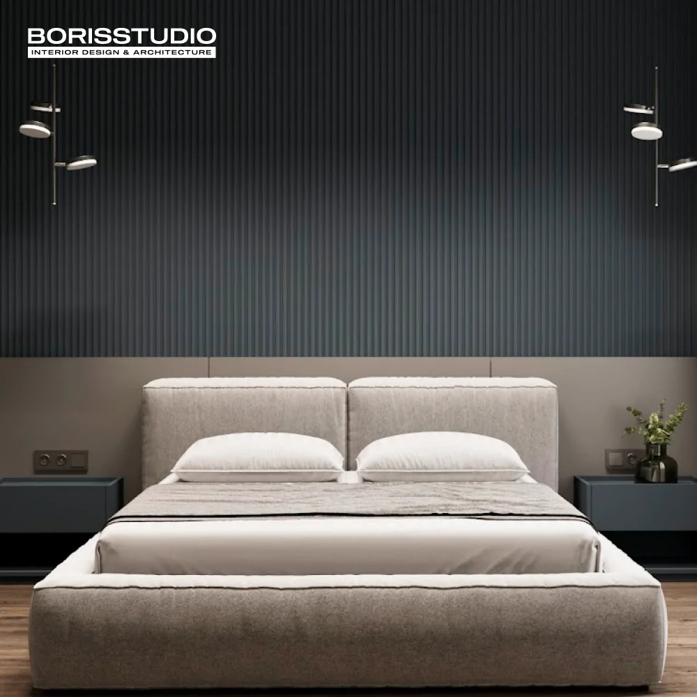 Синий дизайн спальни в стиле минимализм