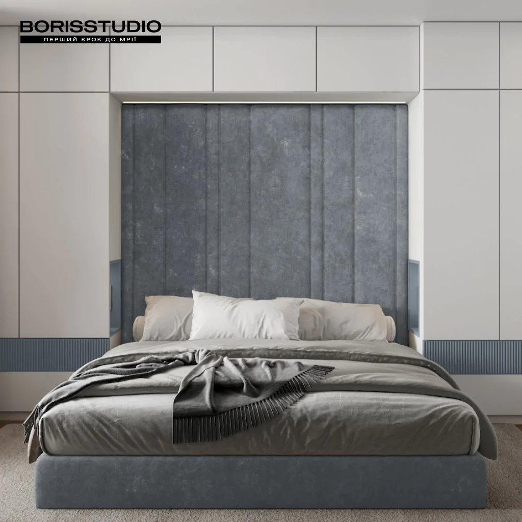 Дизайн интерьера минималистичной спальни в голубых тонах