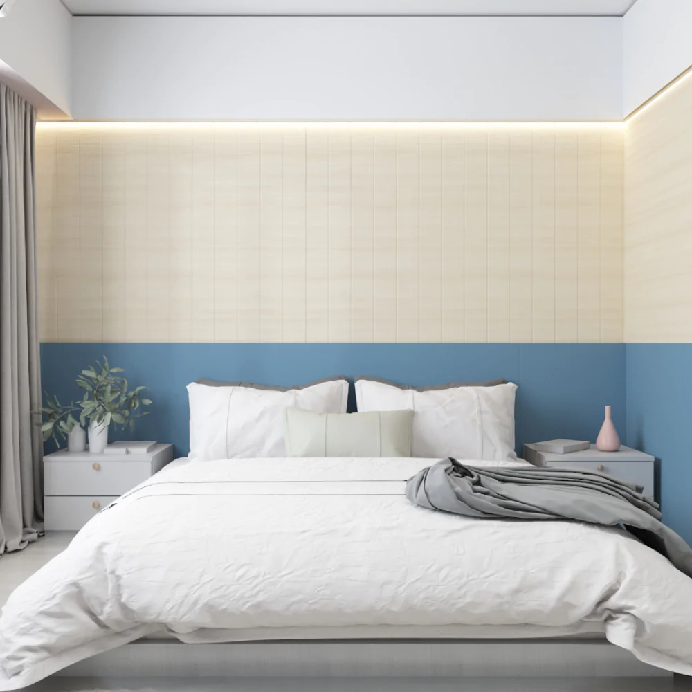 Дизайн интерьера спальни в стиле минимализм с голубыми акцентами