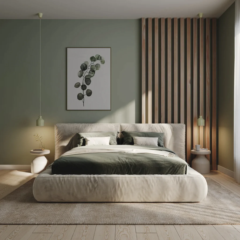 Дизайн-проект спальни с зеленой стеной в стиле минимализм