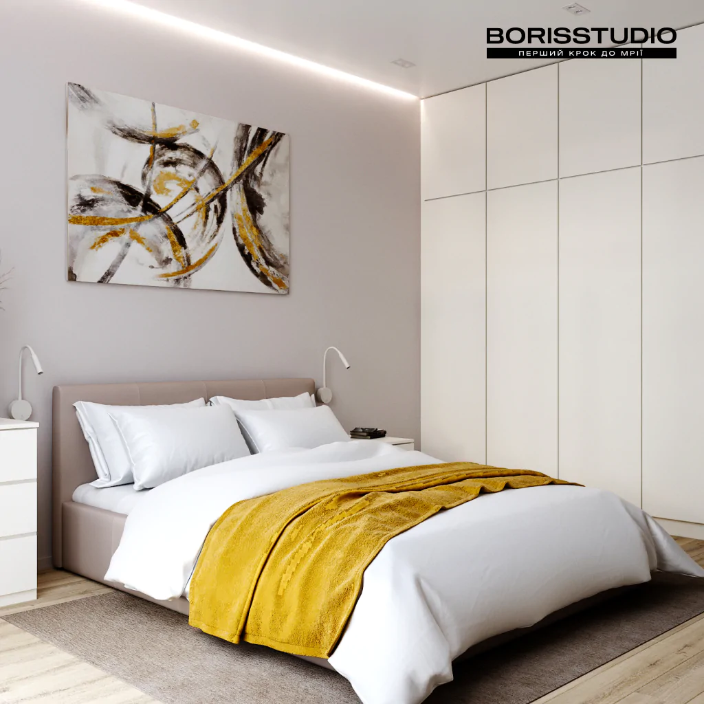 Дизайн спальни в стиле минимализм с желтыми акцентами